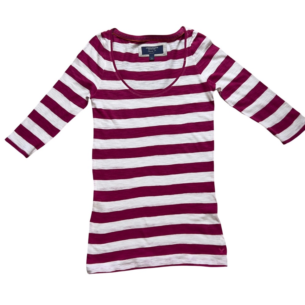 American Eagle Favorite T Y2K Fuchsia Pink Striped Scoop Neck Fitted Baby Tee M